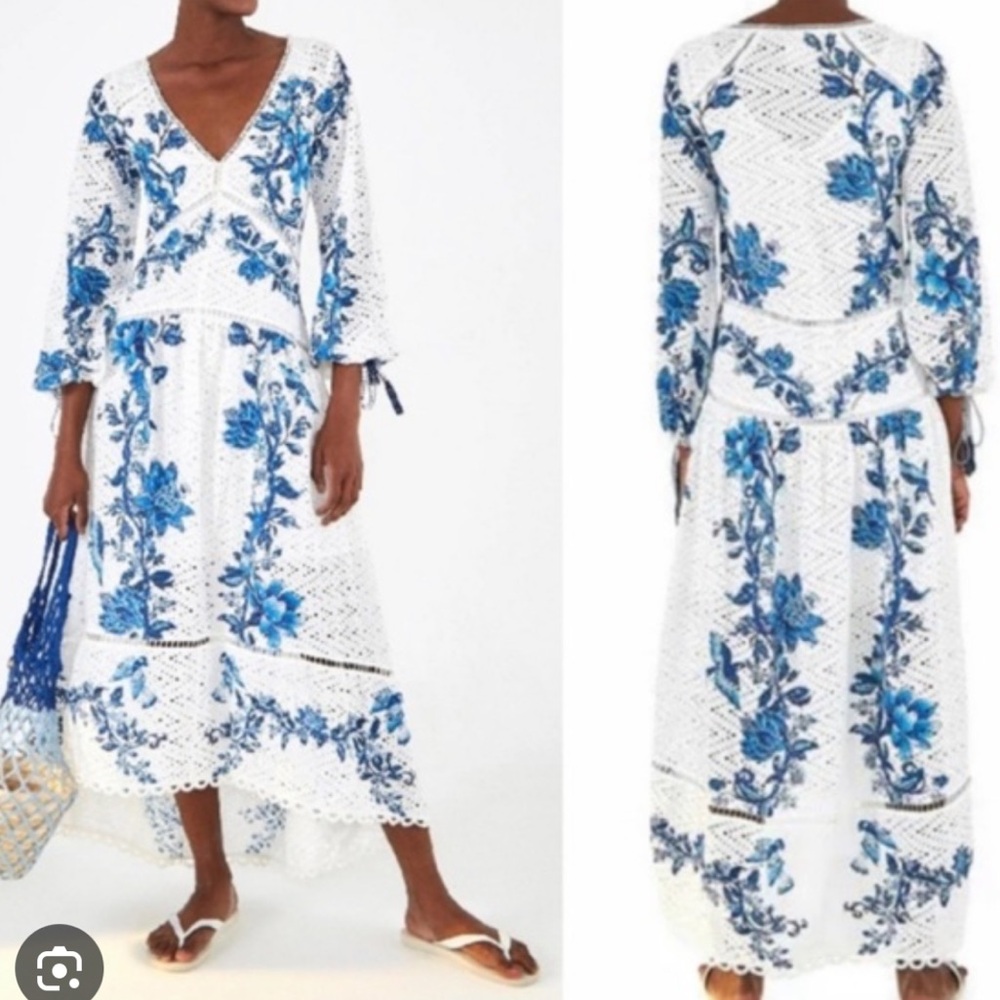 FARM Rio White Crochet Maxi Dress with Blue Floral Embroidery